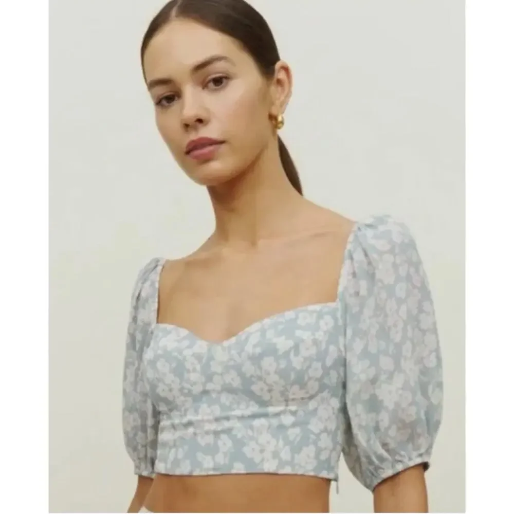 Reformation 4 Blouse Sinead Crop Top Puff Sleeve in Blue Floral